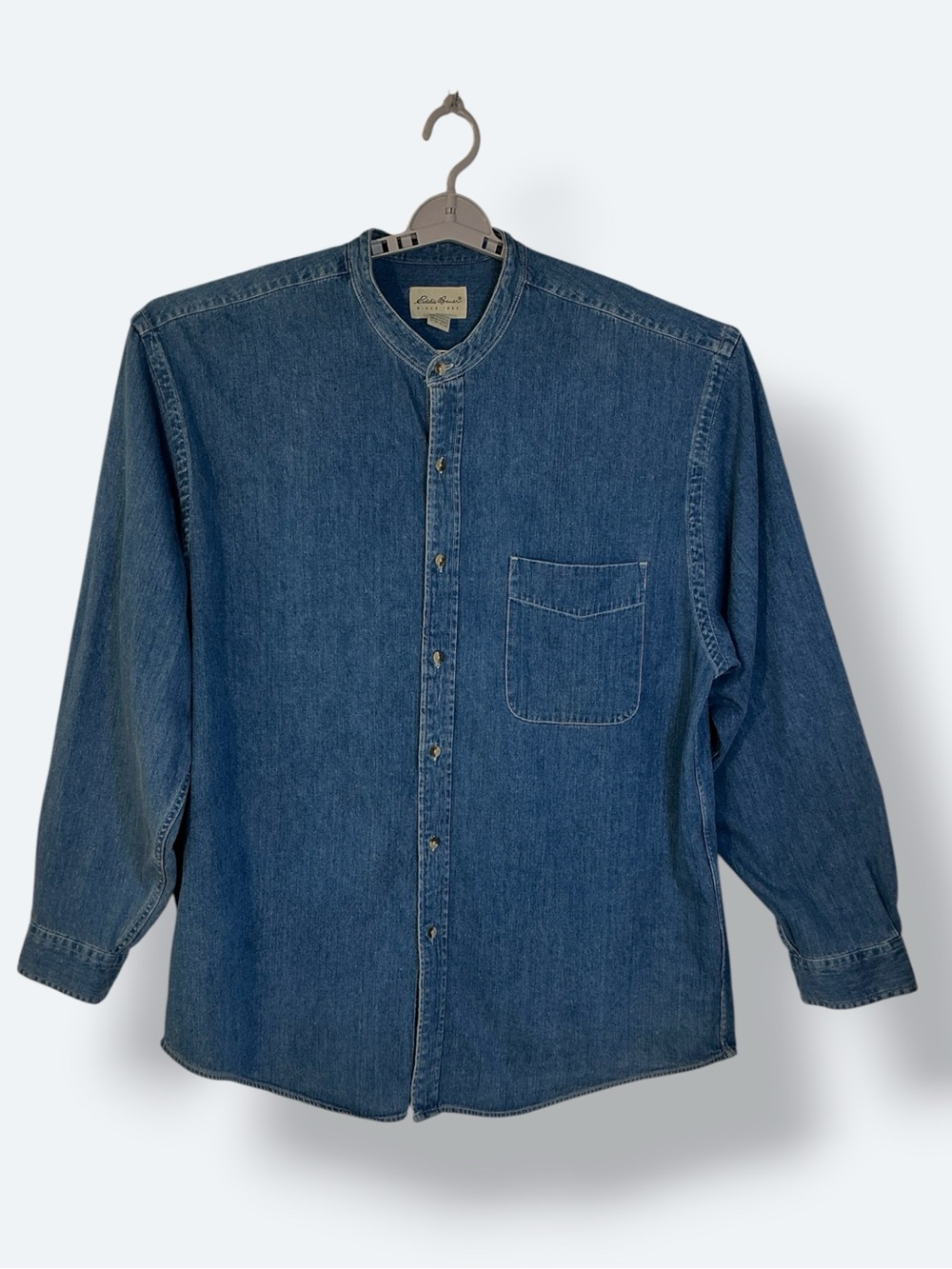 Eddie Bauer Denim Shirt Vintage 100% Cotton Banded Collar Long Sleeve  Mens X